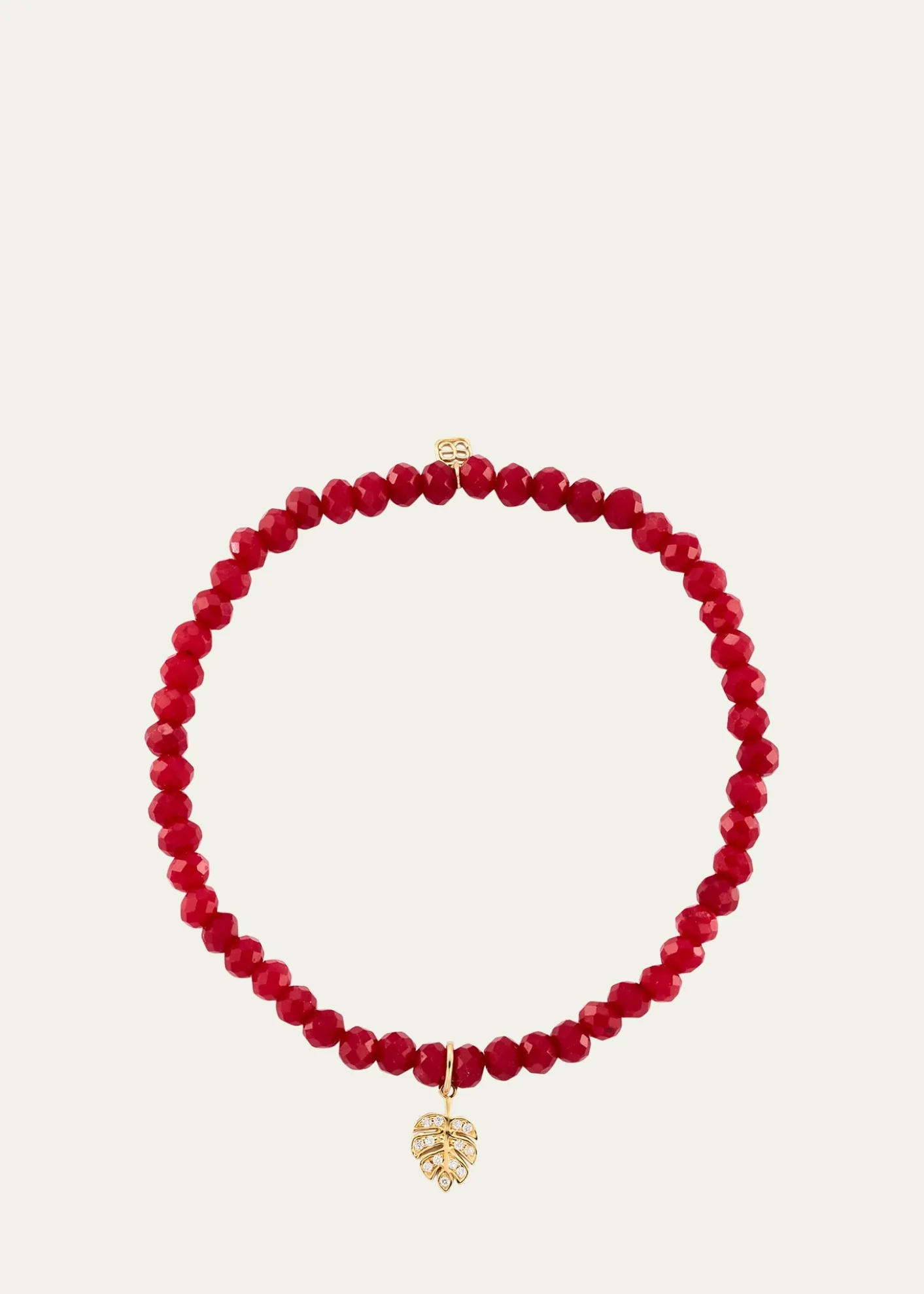 Sydney Evan14K Tiny Monstera Leaf Charm on Dark Red Jade Bracelet