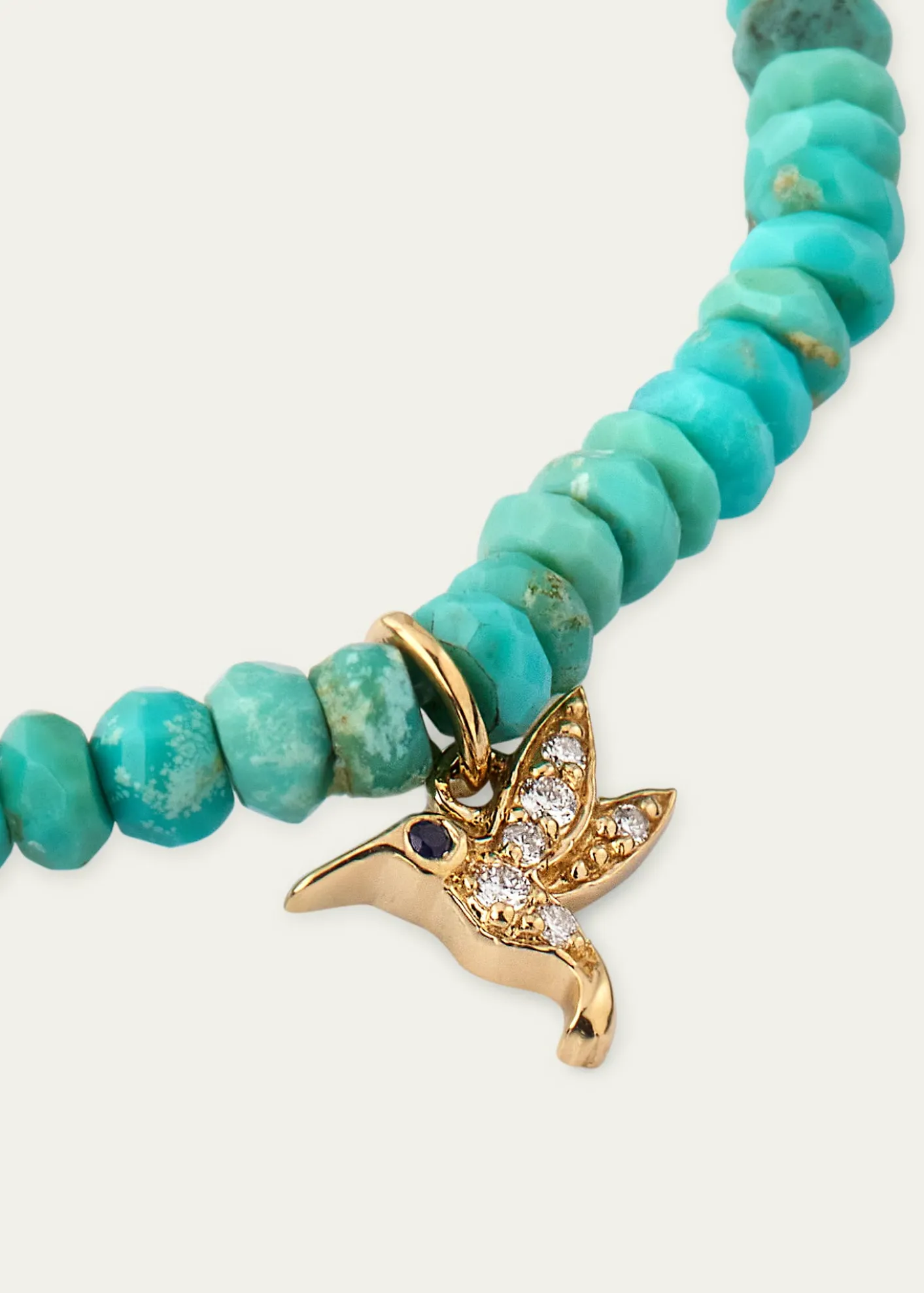 Sydney Evan14K Yellow Gold Tiny Hummingbird Diamond Charm and Arizona Turquoise Bead Bracelet