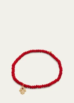 Sydney Evan3mm Beaded Coral Bracelet with Diamond Hamsa Pendant
