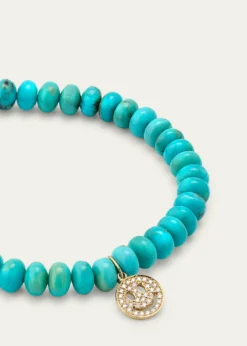Sydney Evan14K Gold Pavé Happy Face Charm on Turquoise Bead Bracelet