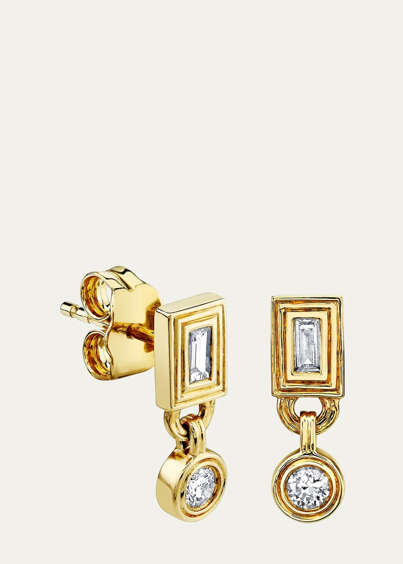 Sydney Evan14K Yellow Gold Fluted Baguette Stud Earrings with Round Drop