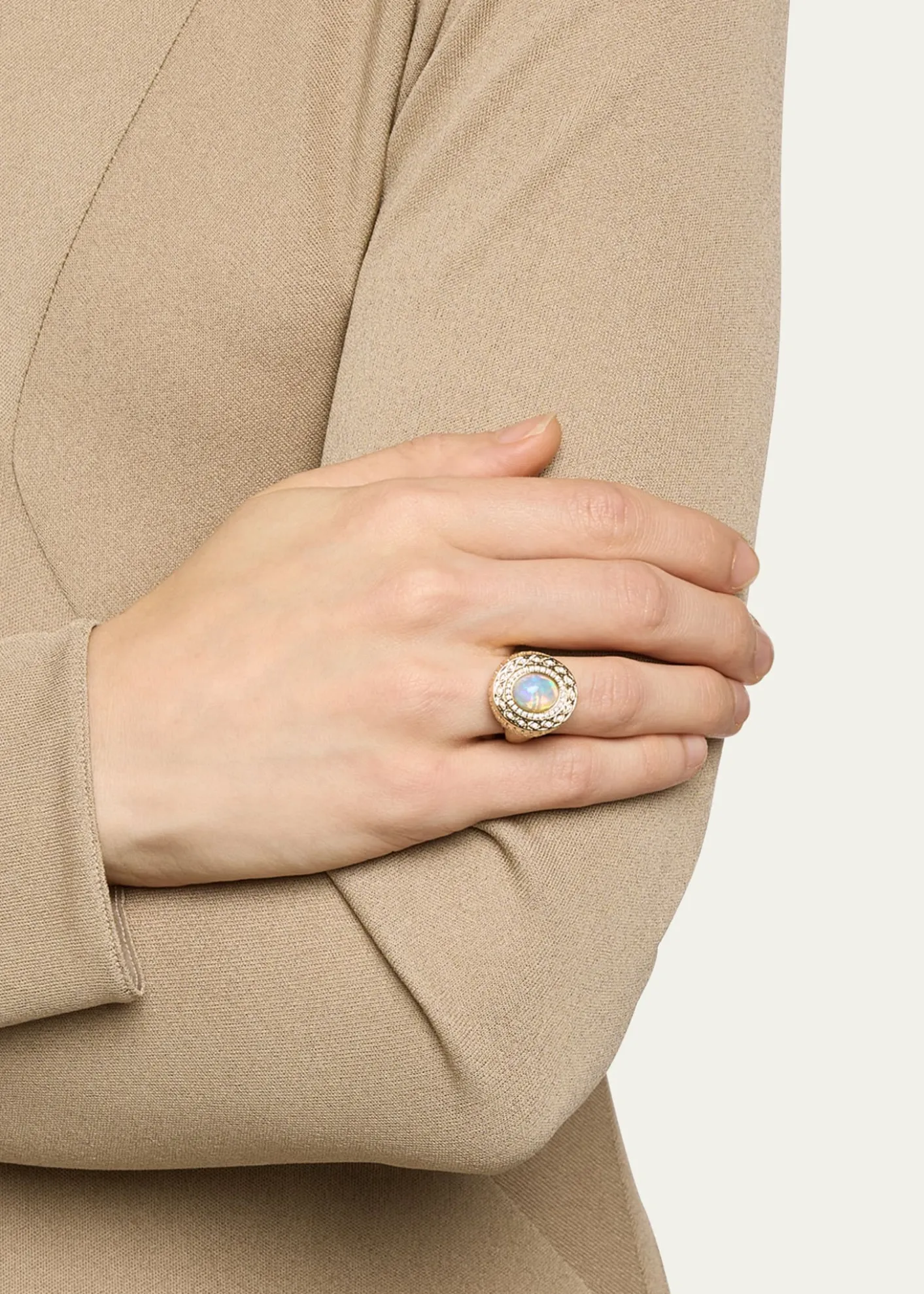Sydney Evan14K Yellow Gold Marquise Eye Opal Cabochon Signet Ring with Diamonds