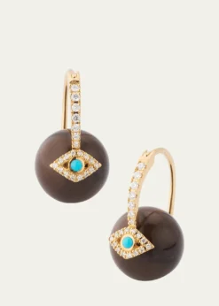 Sydney Evan14K Yellow Gold Pave Diamond and Turquoise Evil Eye Bead Earrings