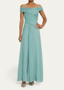 Talbot RunhofDraped Off-The-Shoulder Metallic Plisse Gown