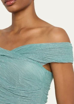 Talbot RunhofDraped Off-The-Shoulder Metallic Plisse Gown