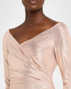 Talbot RunhofMetallic Draped Off-The-Shoulder Long-Sleeve Gown