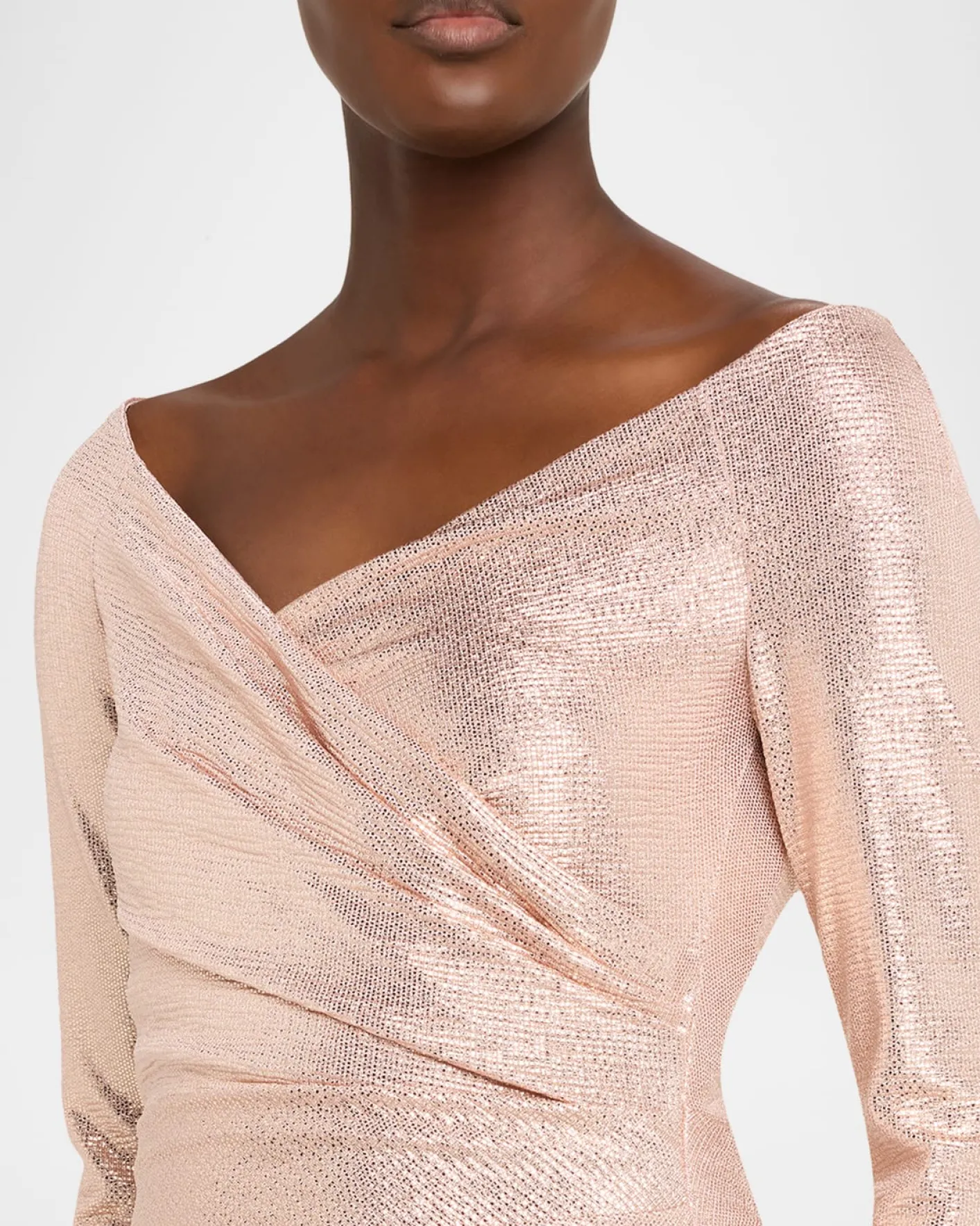 Talbot RunhofMetallic Draped Off-The-Shoulder Long-Sleeve Gown