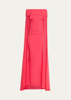 Talbot RunhofRuched Off-The-Shoulder Mesh Cape Gown