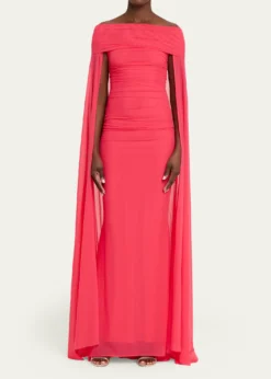 Talbot RunhofRuched Off-The-Shoulder Mesh Cape Gown
