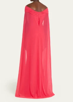 Talbot RunhofRuched Off-The-Shoulder Mesh Cape Gown