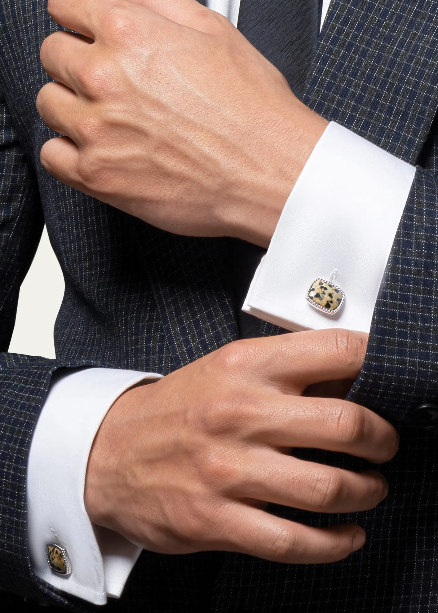 TateossianMen's Rhodium-Plated Stainless Steel Dalmatian Jasper Cufflinks, Limited Edition