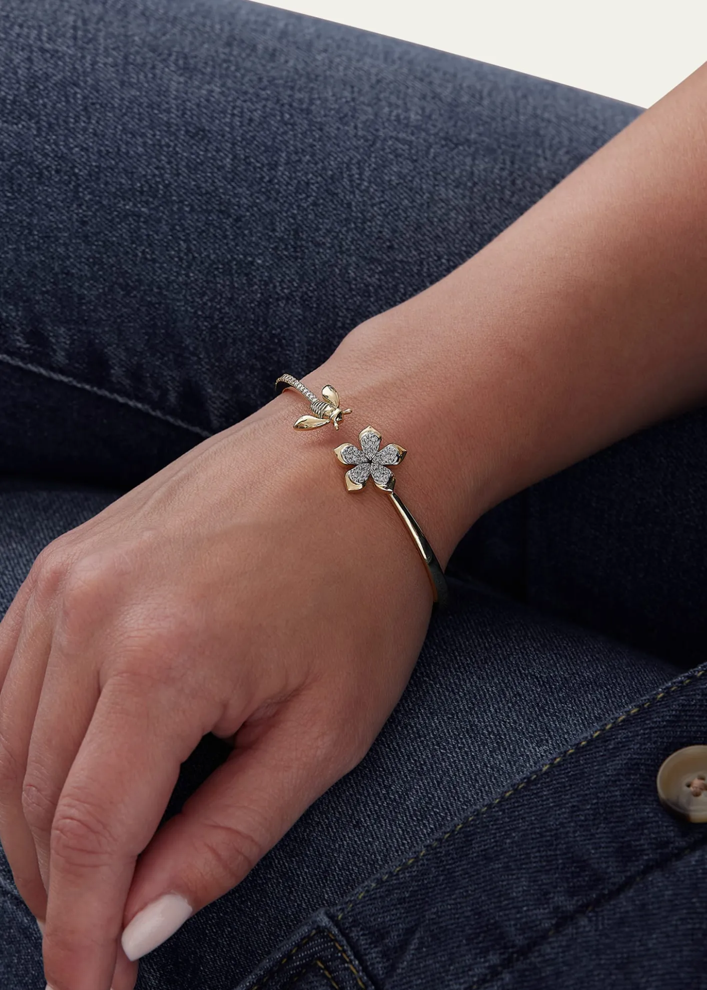 THIS ITEM IS NOT AVAILABLE.Sara Weinstock18K Two-Tone Gold Queen Bee Diamond Partial Flower And Bee Open Bangle Cuff