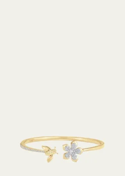 THIS ITEM IS NOT AVAILABLE.Sara Weinstock18K Two-Tone Gold Queen Bee Diamond Partial Flower And Bee Open Bangle Cuff
