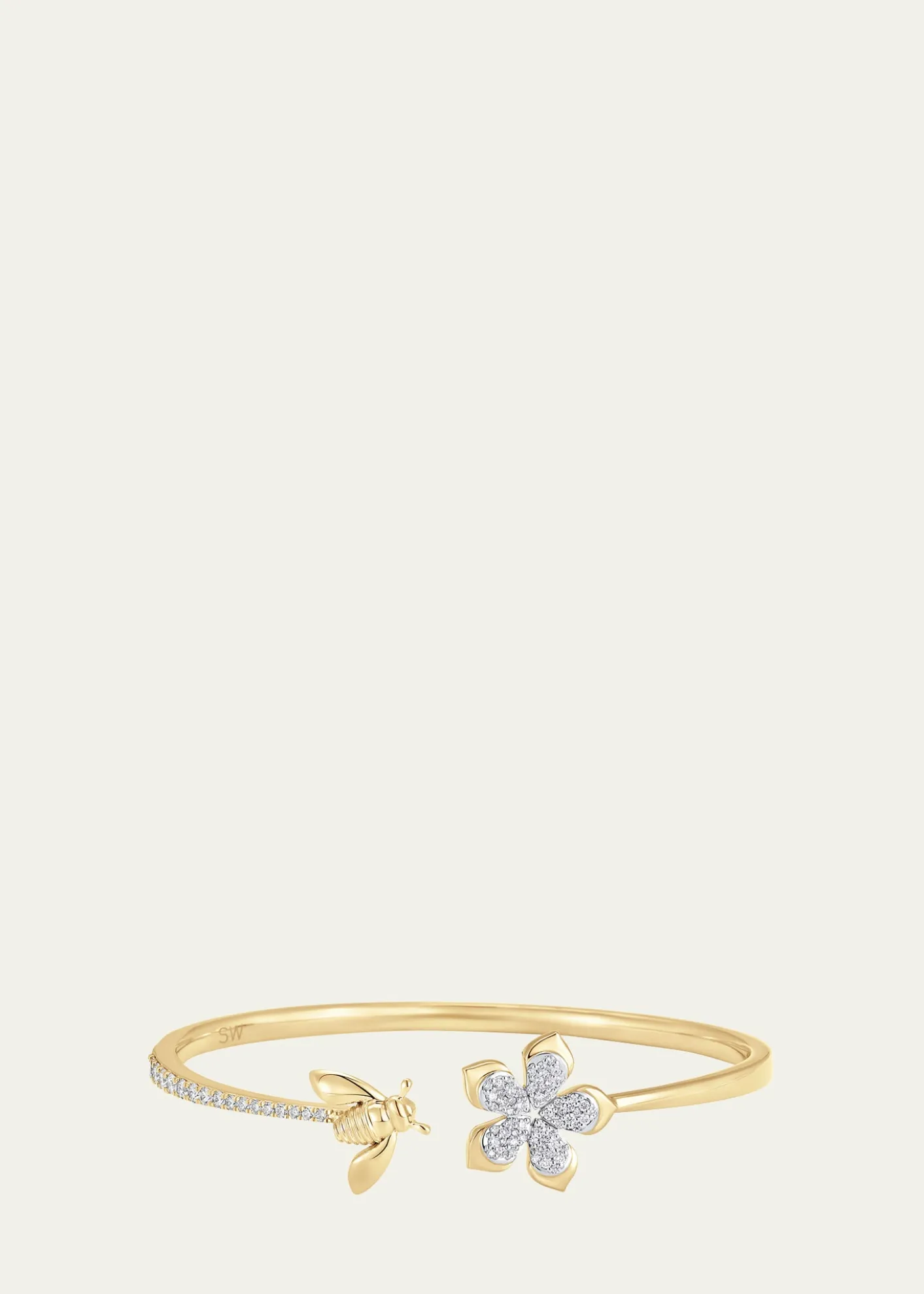 THIS ITEM IS NOT AVAILABLE.Sara Weinstock18K Two-Tone Gold Queen Bee Diamond Partial Flower And Bee Open Bangle Cuff