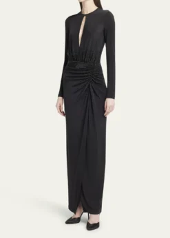 THIS ITEM IS NOT AVAILABLE.Giorgio ArmaniKeyhole Long-Sleeve Crystal Draped Jersey Gown