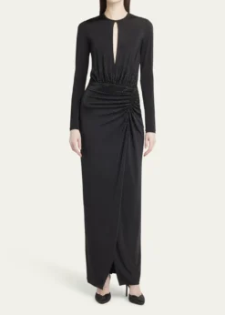 THIS ITEM IS NOT AVAILABLE.Giorgio ArmaniKeyhole Long-Sleeve Crystal Draped Jersey Gown