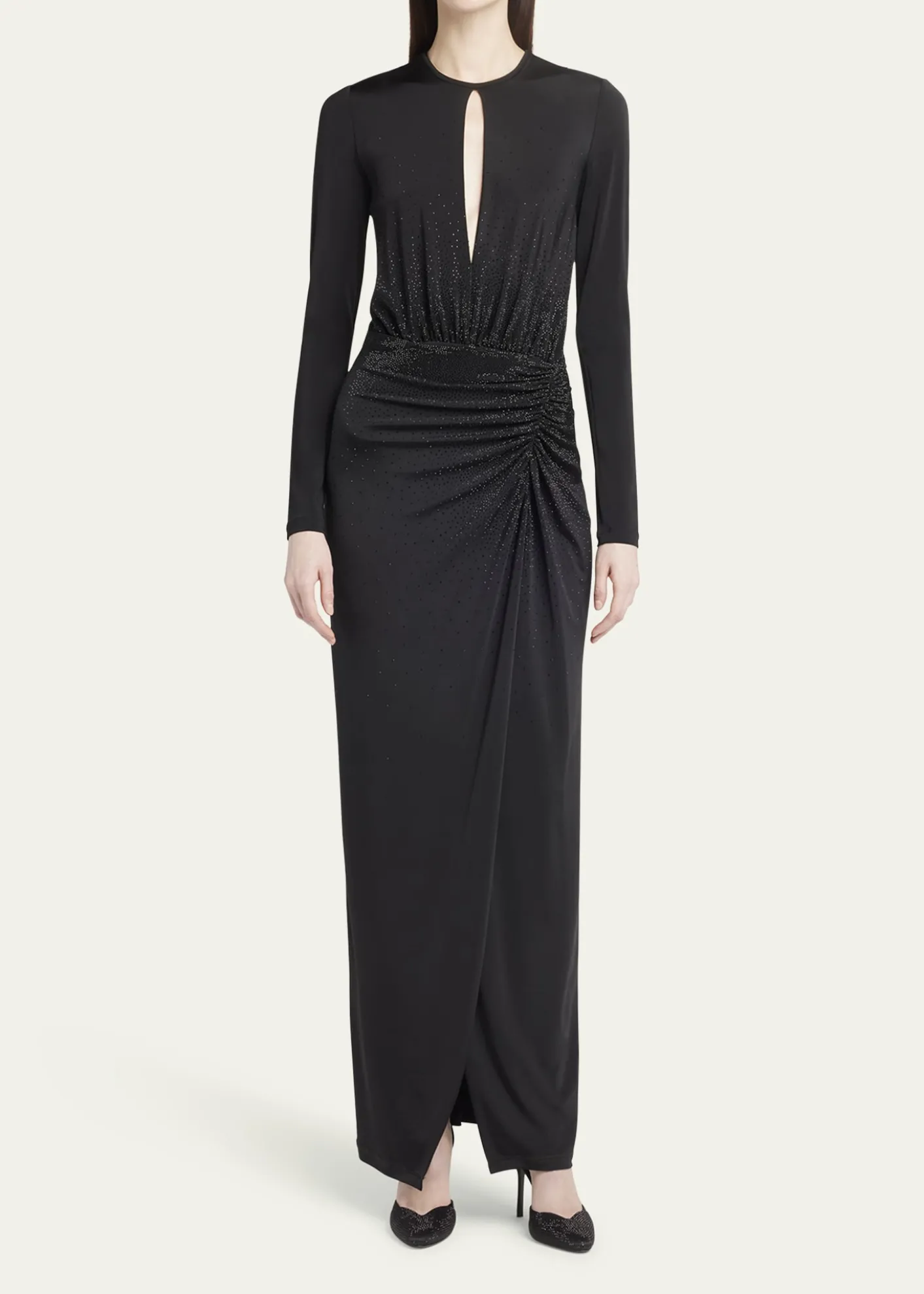 THIS ITEM IS NOT AVAILABLE.Giorgio ArmaniKeyhole Long-Sleeve Crystal Draped Jersey Gown
