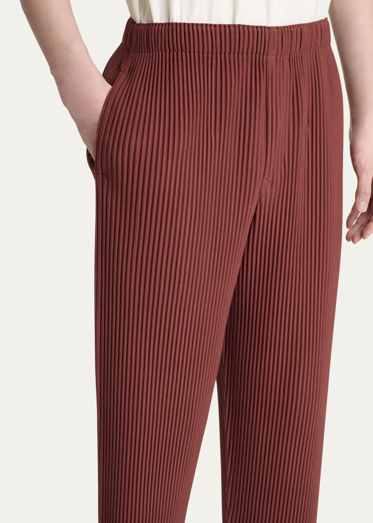 THIS ITEM IS NOT AVAILABLE.Homme Plisse Issey MiyakeMen's Cropped Brown Pleated Trousers
