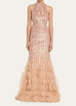THIS ITEM IS NOT AVAILABLE.Pamella RolandDegrade Beaded Tulle Ruffle Halter Gown