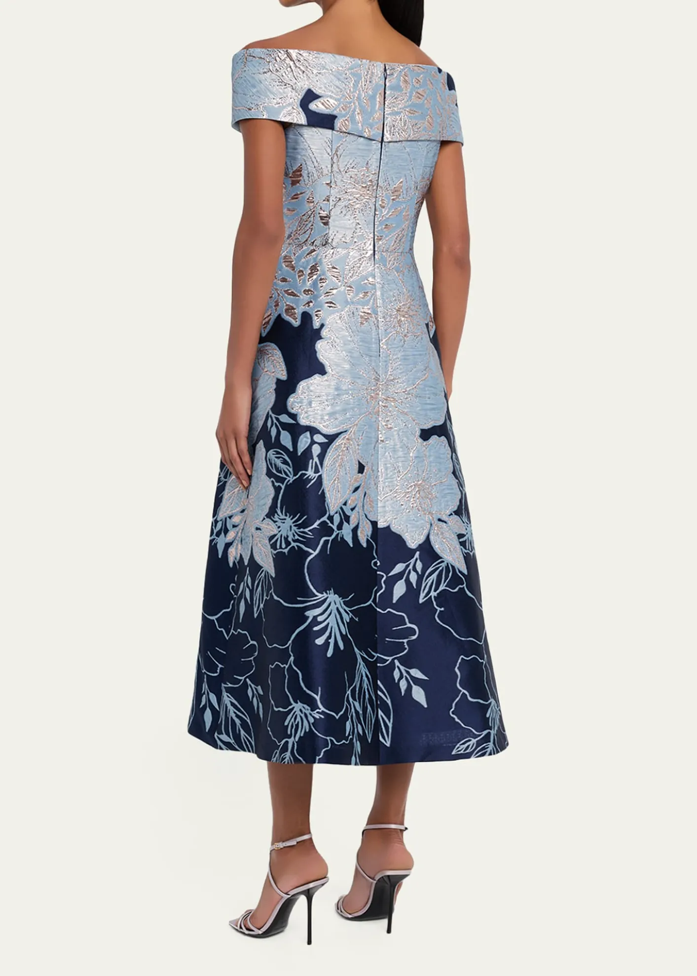 THIS ITEM IS NOT AVAILABLE.Rickie Freeman for Teri JonOff-Shoulder Metallic Jacquard Midi Dress