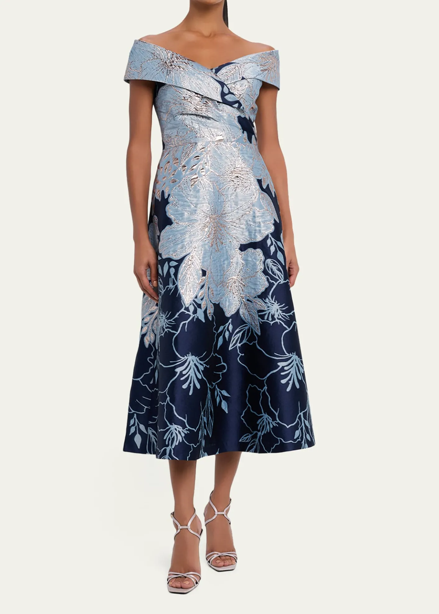 THIS ITEM IS NOT AVAILABLE.Rickie Freeman for Teri JonOff-Shoulder Metallic Jacquard Midi Dress