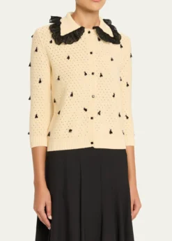 THIS ITEM IS NOT AVAILABLE.Valentino GaravaniPointelle Micro Tassel Ruffled Cardigan