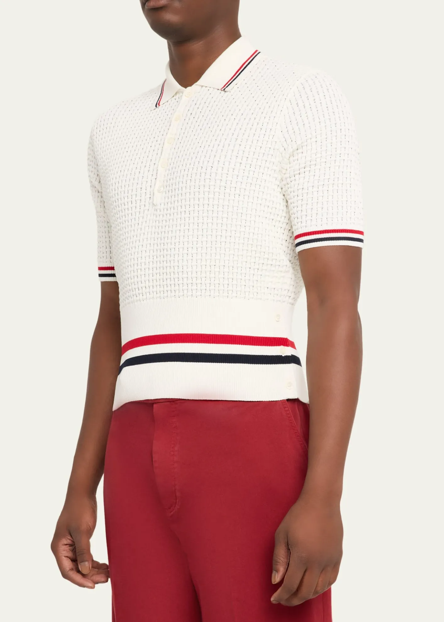 Thom BrowneMen's Float Ripple Stitch RWB Stripe Polo Shirt