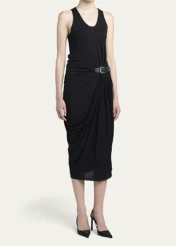 TOM FORDBuckle Gathered Crepe Jersey Sleeveless Midi Dress