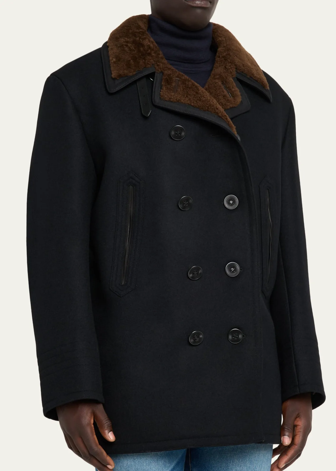 TOM FORDMen's Melton Wool Shearling Double-Breasted Peacoat