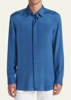TOM FORDMen's Silk Jacquard Micro-Dot Concealed-Placket Sport Shirt