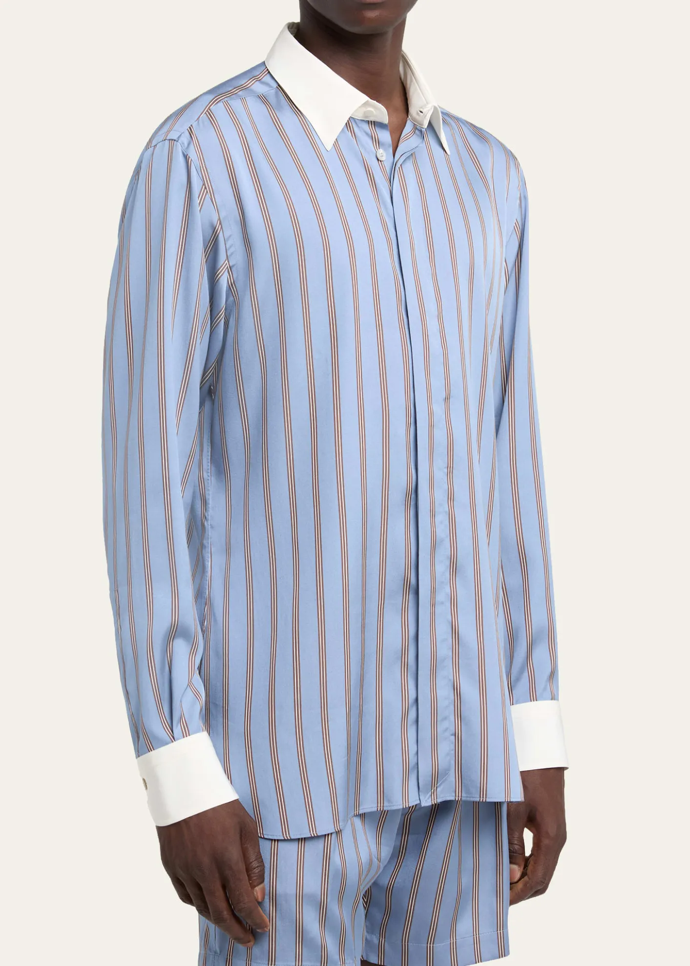 TOM FORDMen's Stripe Silk Contrast-Trim Sport Shirt