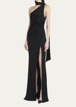 TOM FORDOne-Shoulder Scarf-Neck Ruched Slit Gown