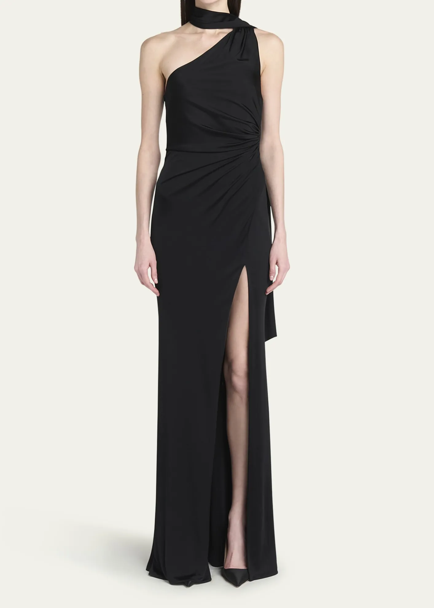 TOM FORDOne-Shoulder Scarf-Neck Ruched Slit Gown