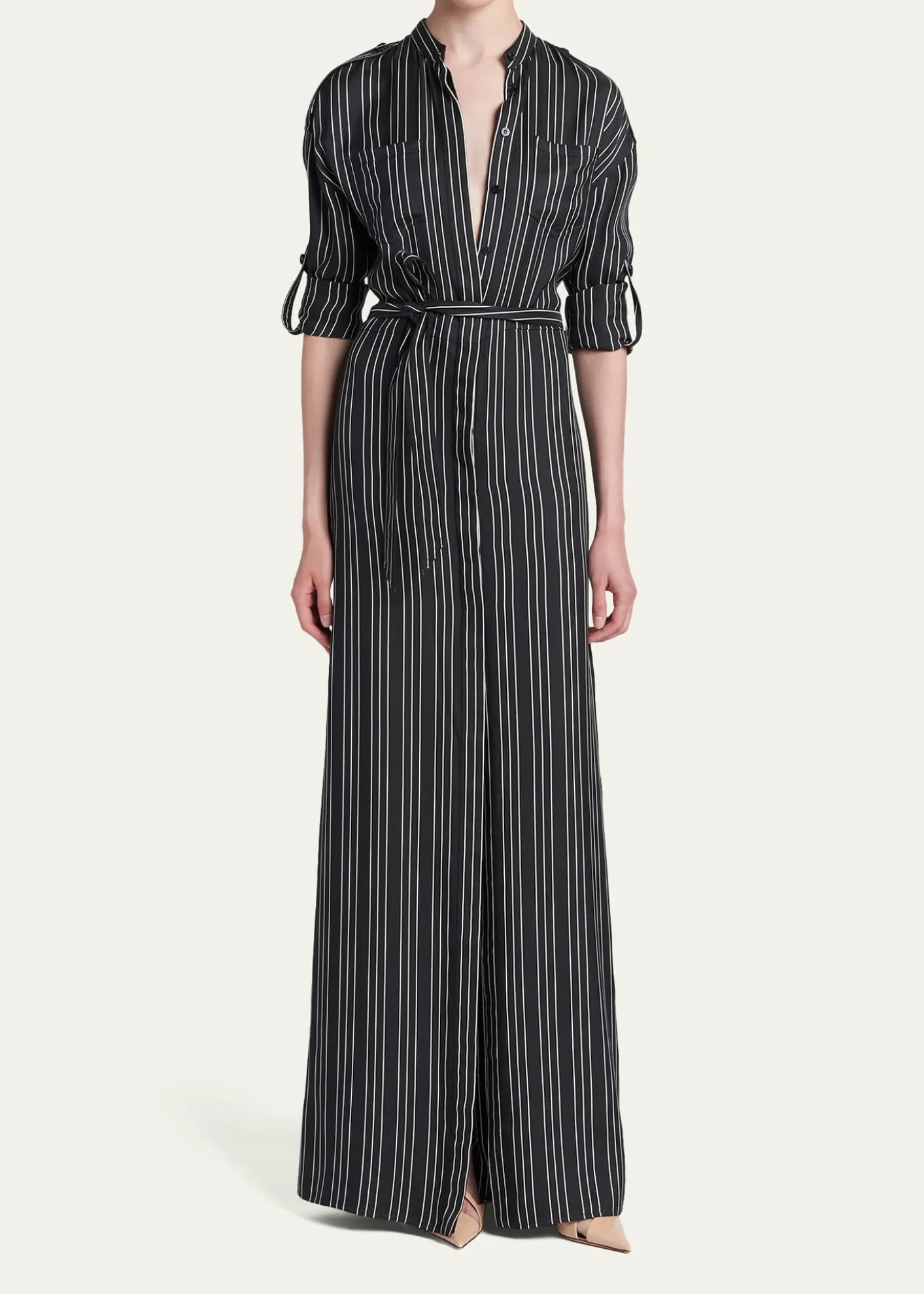 TOM FORDStriped Silk Long-Sleeve Belted Maxi Shirtdress