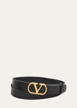 Valentino GaravaniMen's Leather V Logo Buckle Belt