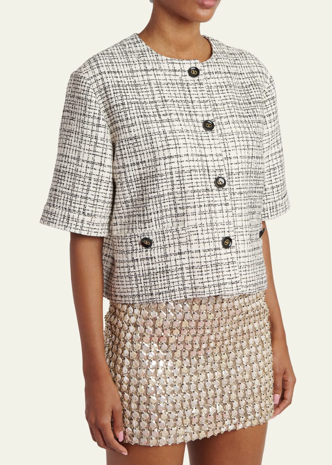 Valentino GaravaniBoxy Tweed Short-Sleeve Jacket