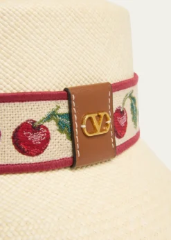 Valentino GaravaniCherry Embroidered Straw Bucket Hat
