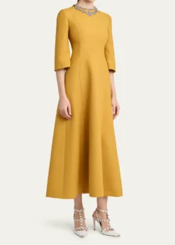 Valentino GaravaniCrystal Embroidered Silk-Wool 3/4-Sleeve Midi Dress