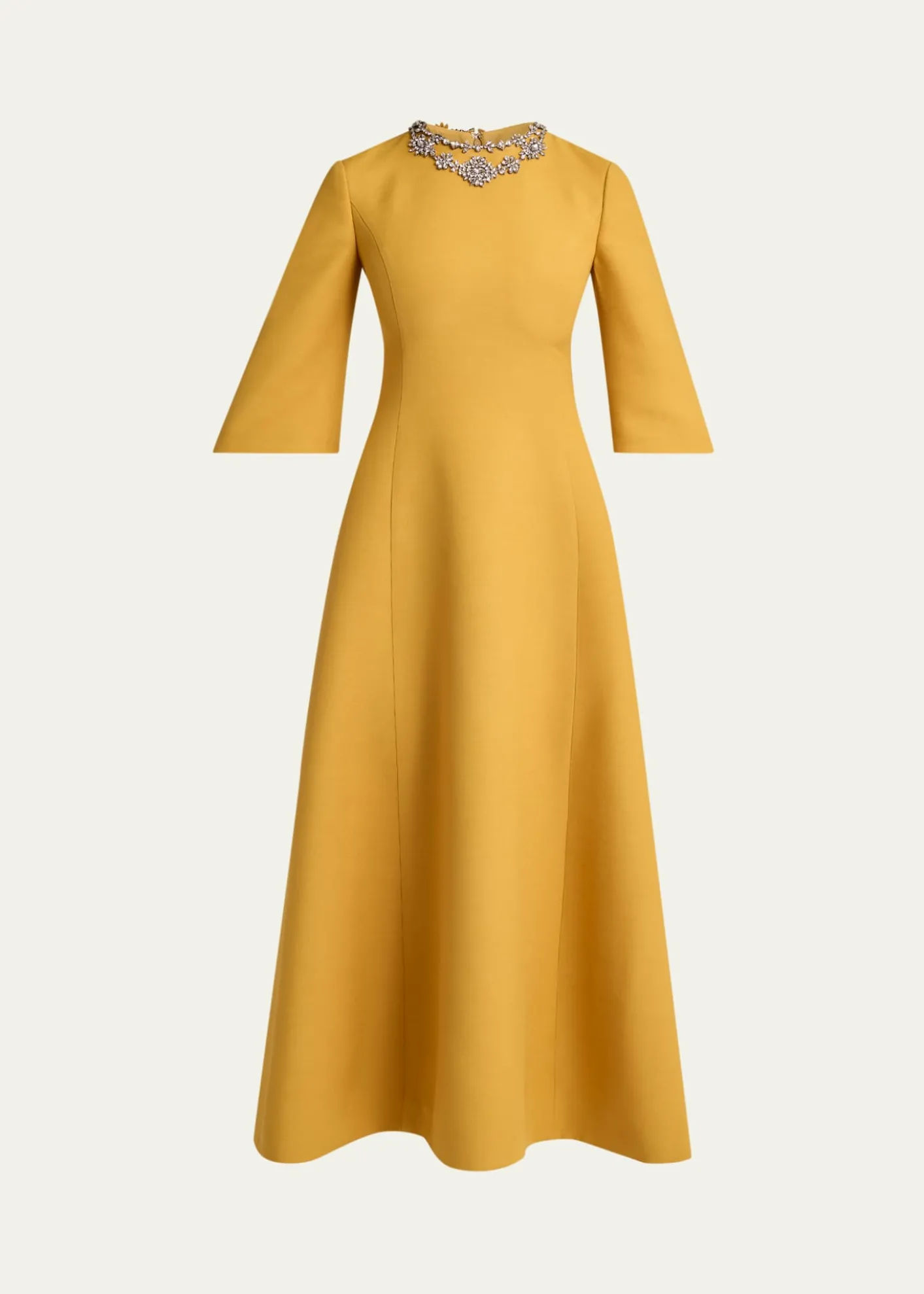 Valentino GaravaniCrystal Embroidered Silk-Wool 3/4-Sleeve Midi Dress