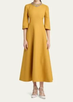 Valentino GaravaniCrystal Embroidered Silk-Wool 3/4-Sleeve Midi Dress