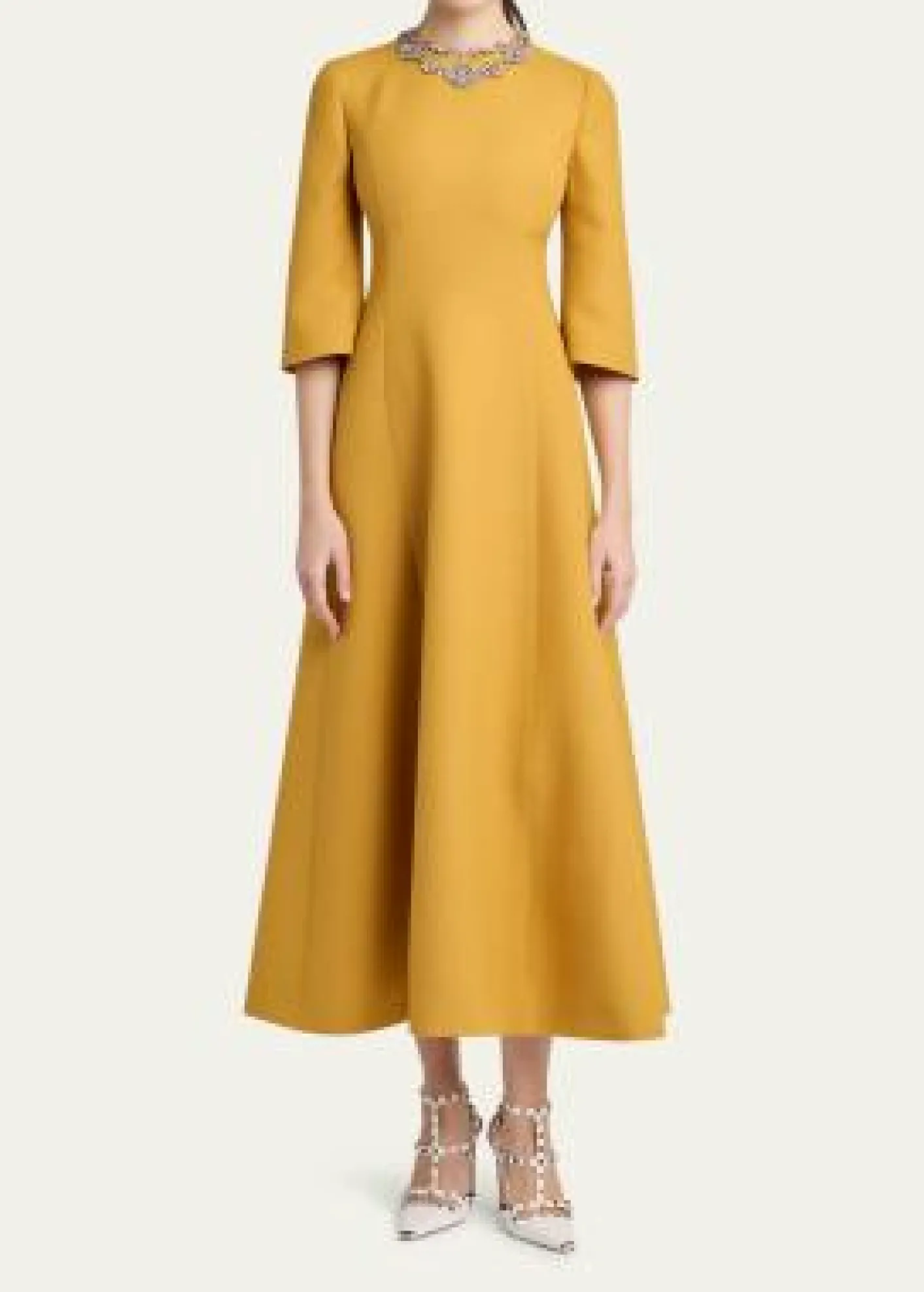 Valentino GaravaniCrystal Embroidered Silk-Wool 3/4-Sleeve Midi Dress