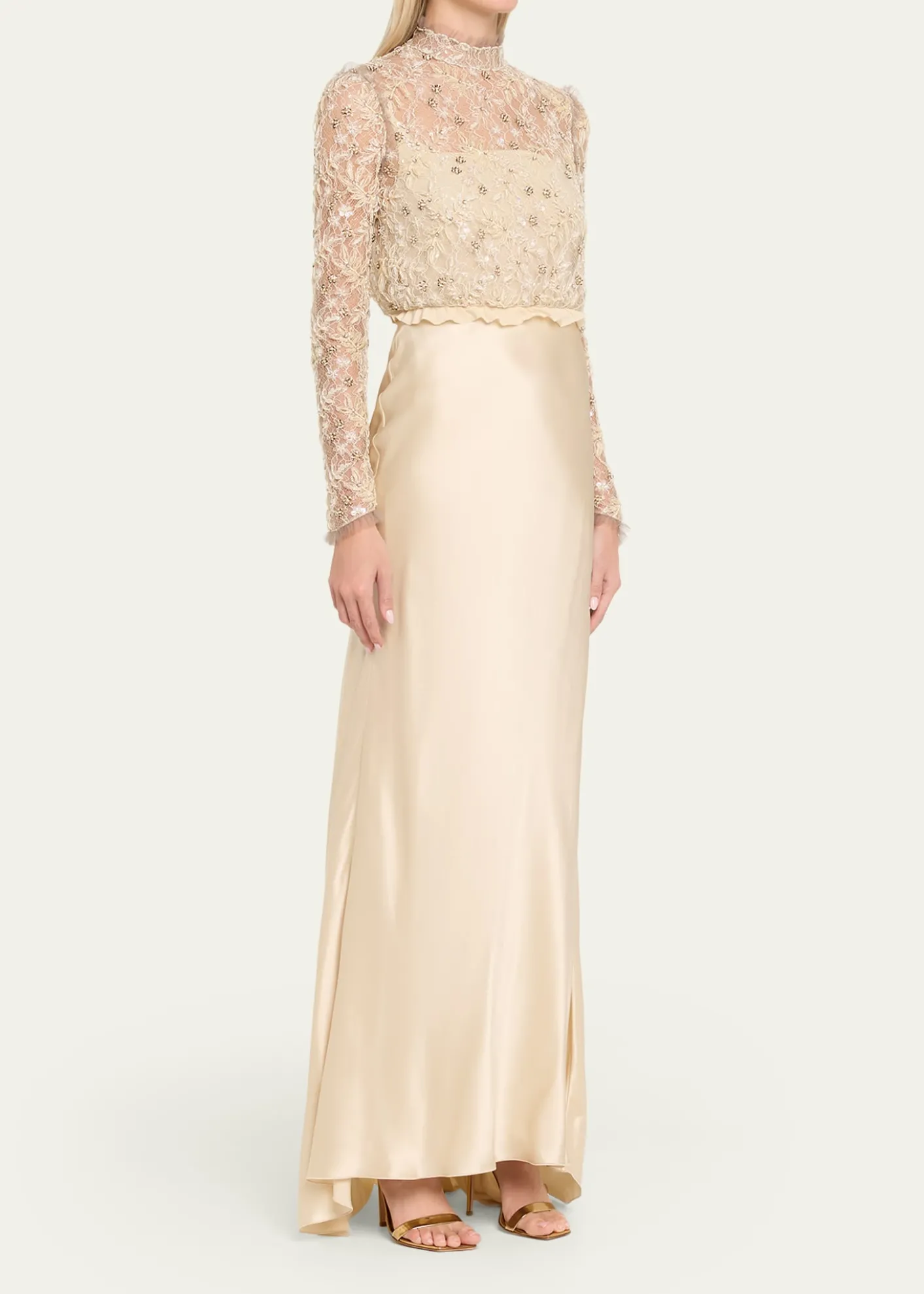 Valentino GaravaniEmbroidered Lace Long-Sleeve Silk Gown