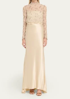 Valentino GaravaniEmbroidered Lace Long-Sleeve Silk Gown