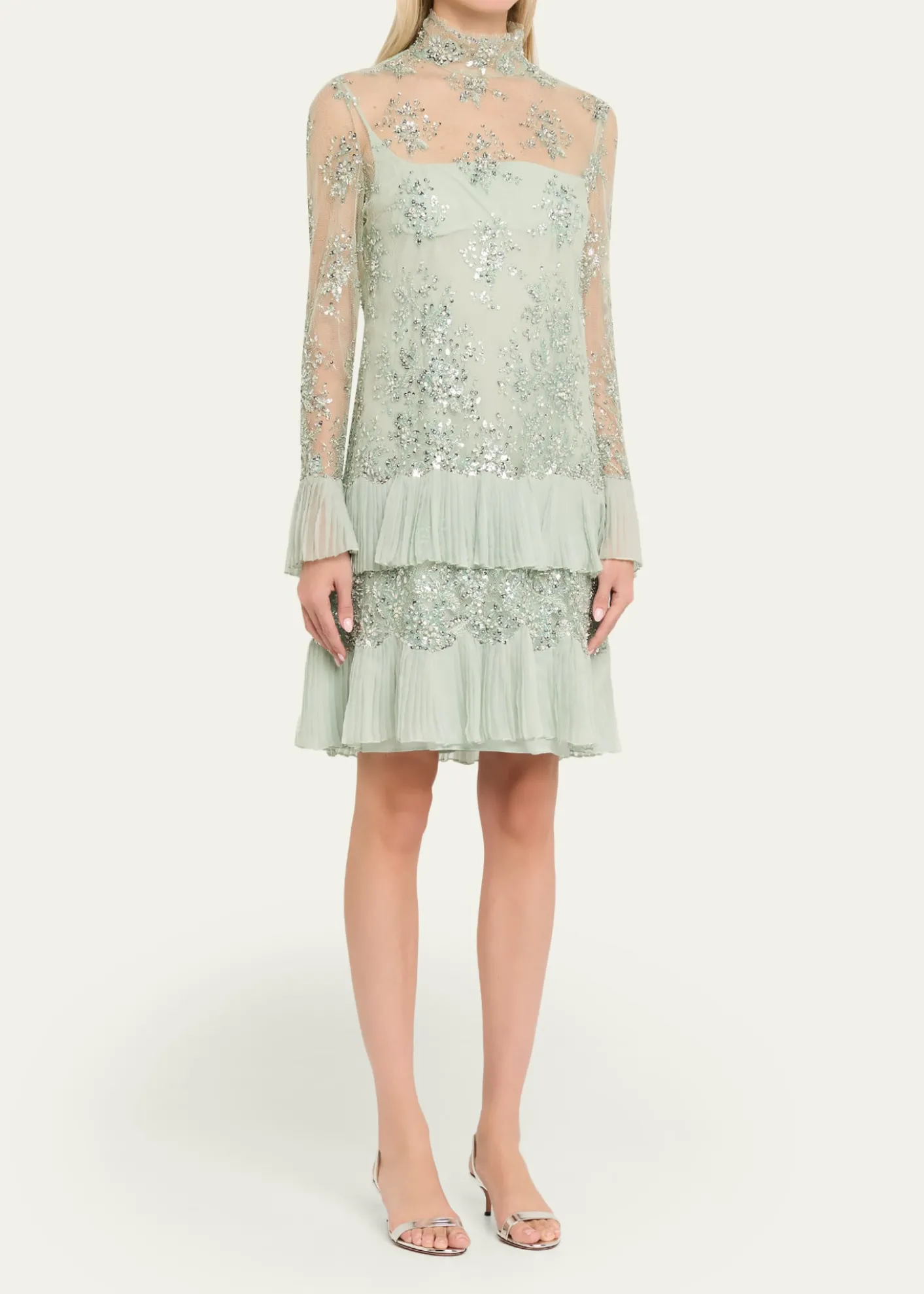 Valentino GaravaniFloral Embroidered Long-Sleeve Ruffle Mini Dress
