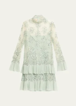 Valentino GaravaniFloral Embroidered Long-Sleeve Ruffle Mini Dress