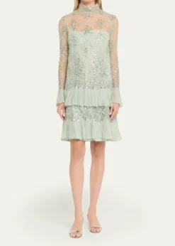 Valentino GaravaniFloral Embroidered Long-Sleeve Ruffle Mini Dress