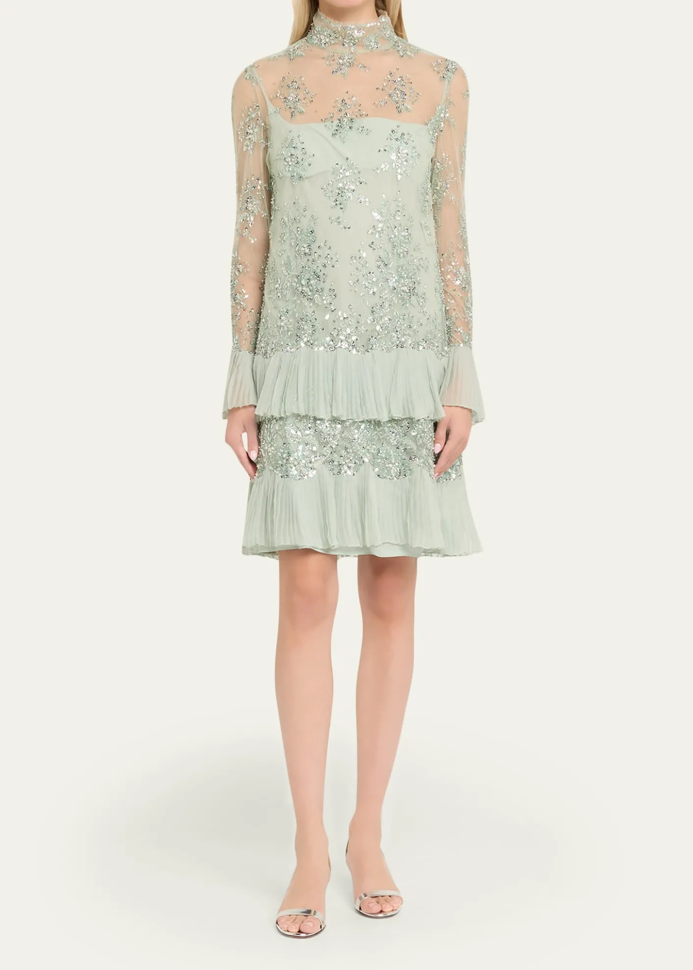 Valentino GaravaniFloral Embroidered Long-Sleeve Ruffle Mini Dress
