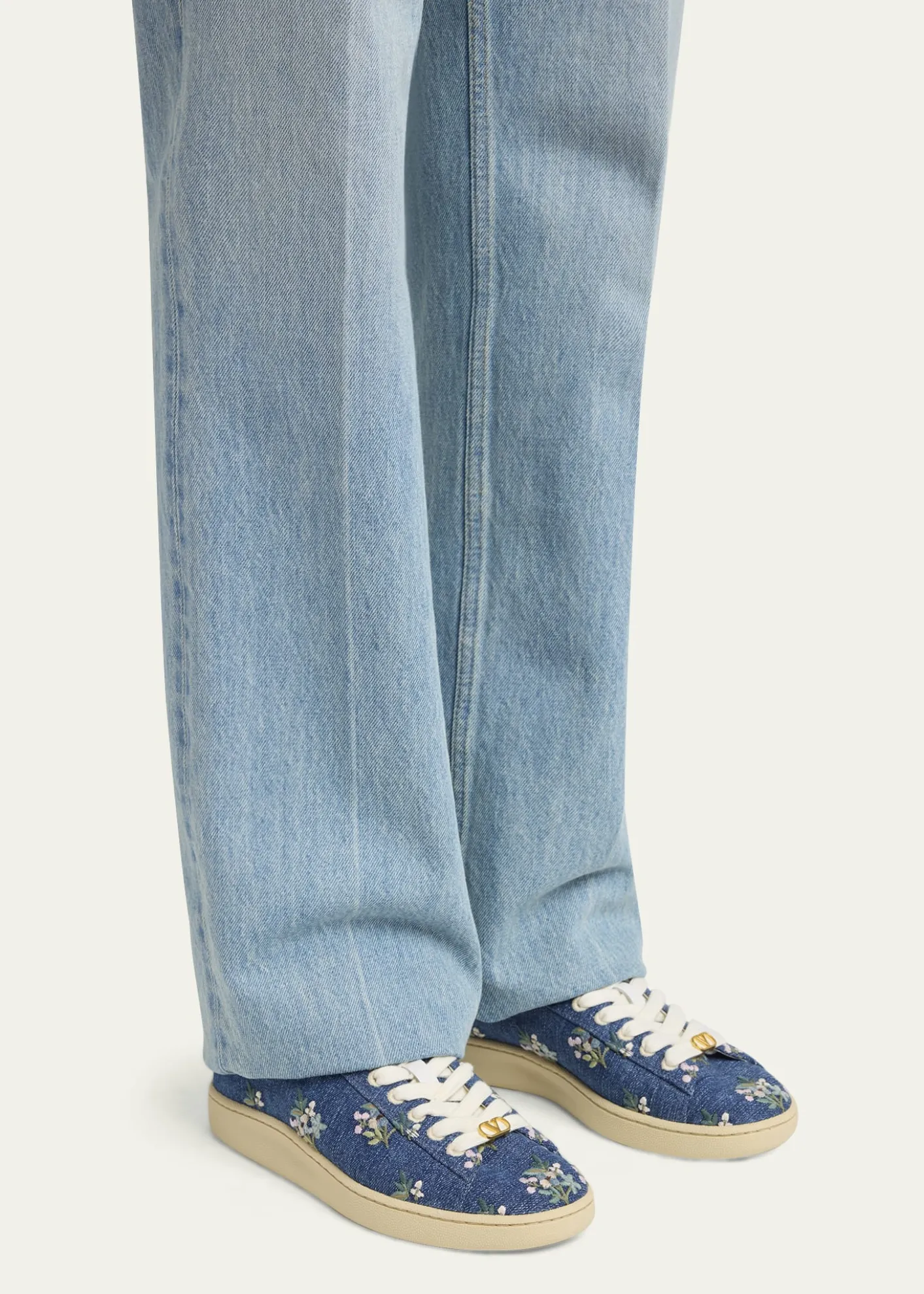 Valentino GaravaniFloral Embroidered Denim Low-Top Sneakers