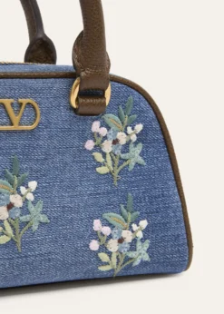 Valentino GaravaniFloral-Embroidered Denim VLogo Top-Handle Bag