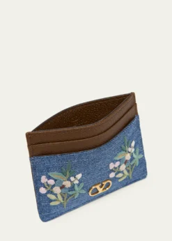 Valentino GaravaniFloral-Embroidered Denim & Leather Card Holder